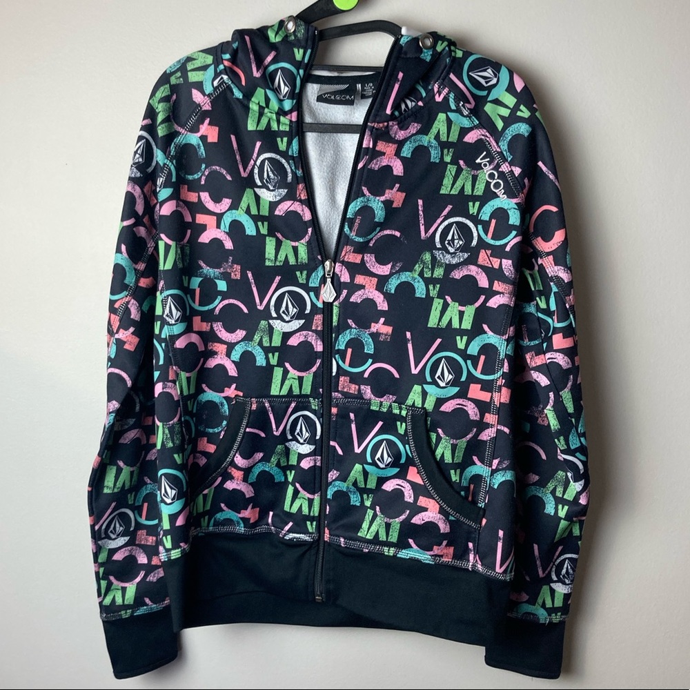 Volcom Black Hooded Zip-Up Sweatshirt with Pink & Green Logo Print